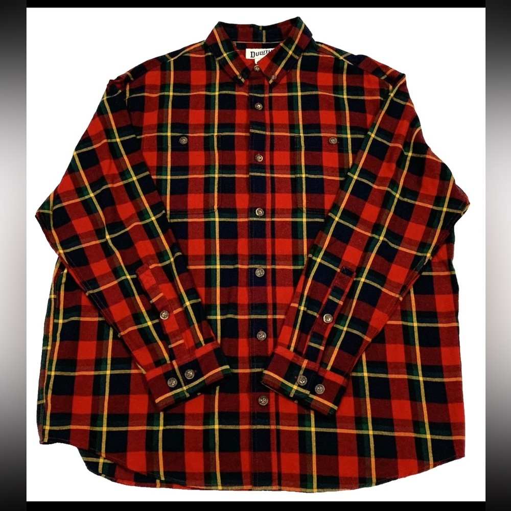 Duluth Trading Men Sz XL Shirt Untucked Relax Fit Red Plaid Long Sleeve Flannel